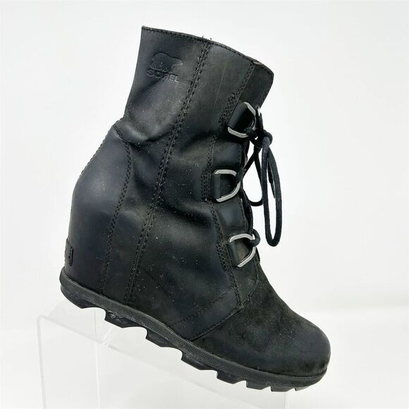 Sorel Joan of Arctic II Black Leather Waterproof Lace Up Wedge Boots Size 8.5 - Picture 1 of 13